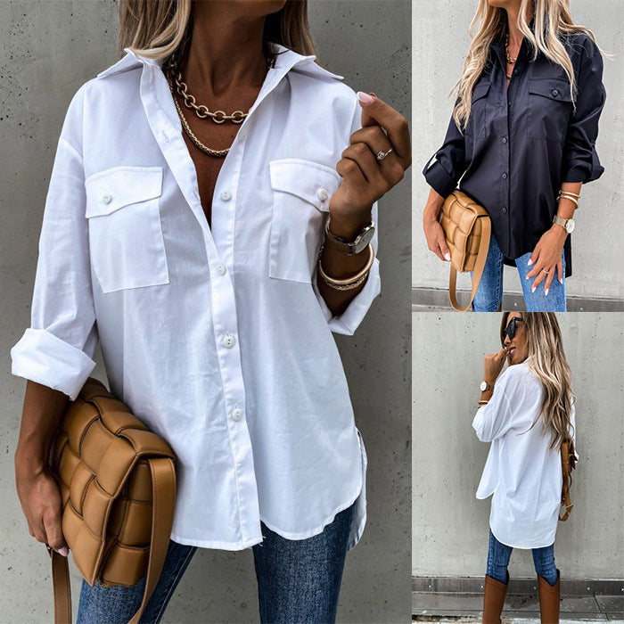 Autumn Winter Irregular Asymmetric Loose Long Sleeve Collared Shirt Top