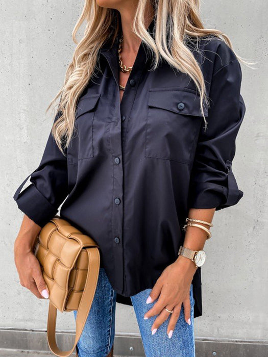 Autumn Winter Irregular Asymmetric Loose Long Sleeve Collared Shirt Top