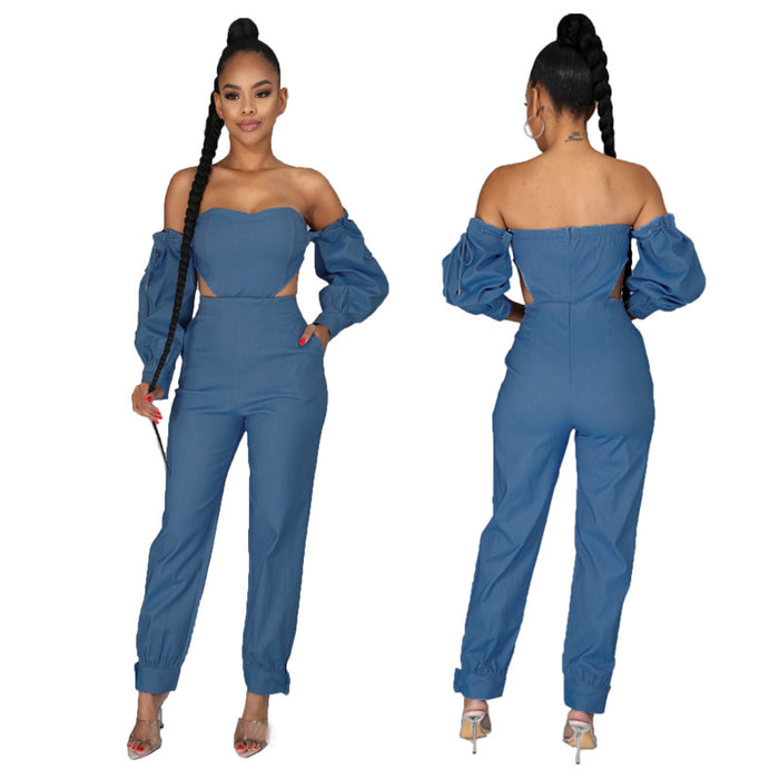 Denim Women Wear off-Shoulder Denim Set