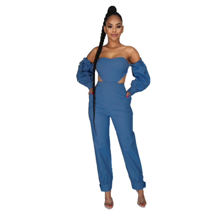 Denim Women Wear off-Shoulder Denim Set