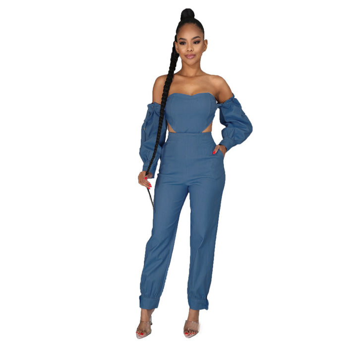 Denim Women Wear off-Shoulder Denim Set