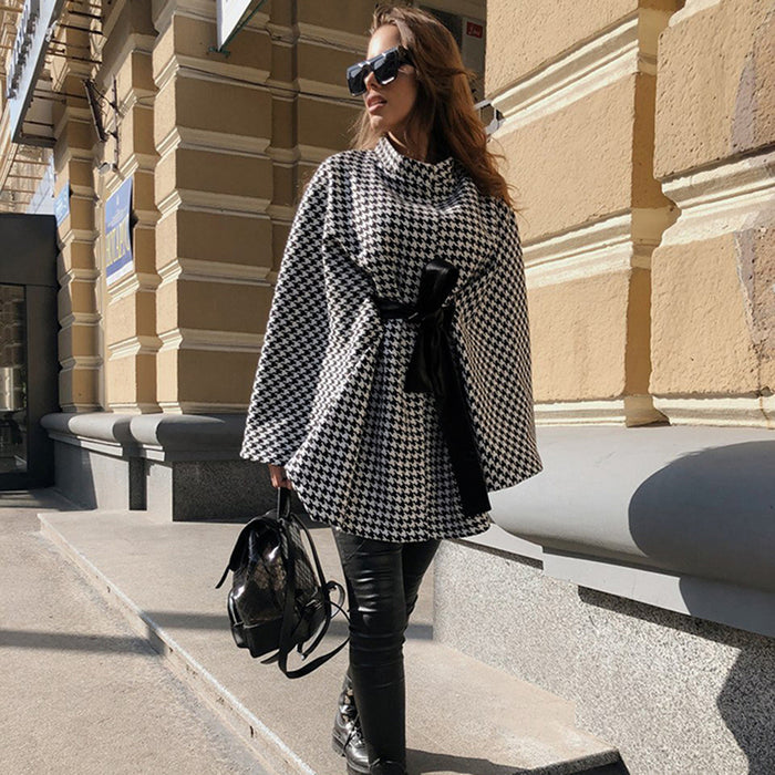 Autumn Winter Women Coat Houndstooth Woolen Coat Loose Lace-up Cloak Robe Top