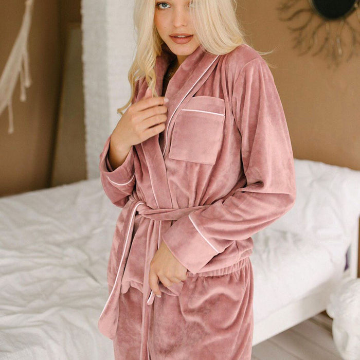 Autumn Winter Ladies Homewear Long Sleeve Nightgown Gold Velvet Suit Cardigan Thickened Warm Pajamas