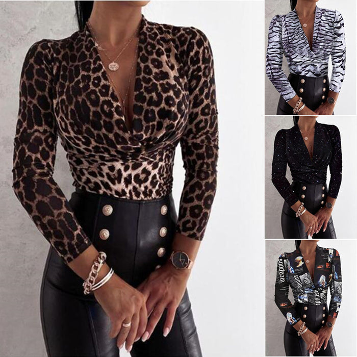 Popular Autumn Winter Sexy Long Sleeve V Neck Leopard Print Printed Women Shirt