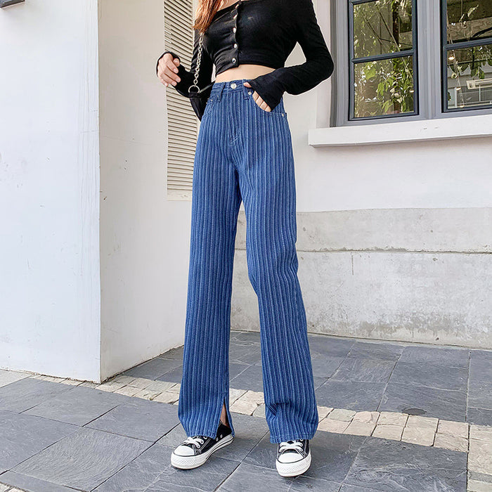 Striped Wide Leg Pants Denim Women Fashionable High Waist Loose High Rise Slimming Casual Pants