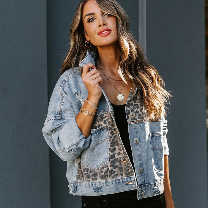 Denim Jacket Women Long-sleeved Station Denim Jacket Coat Women Leopard Splicing