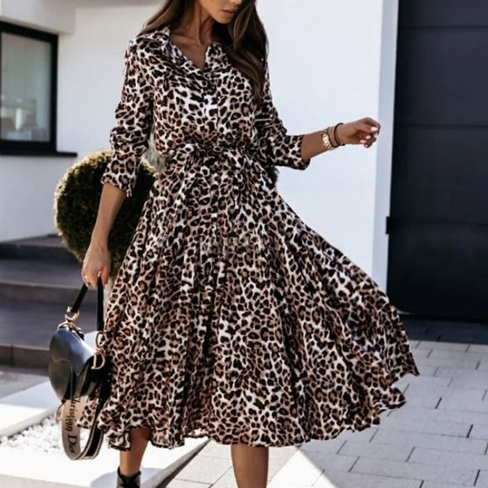 Autumn Winter Long Sleeve V-neck Fashion Leopard Print Dress Large Swing Dress