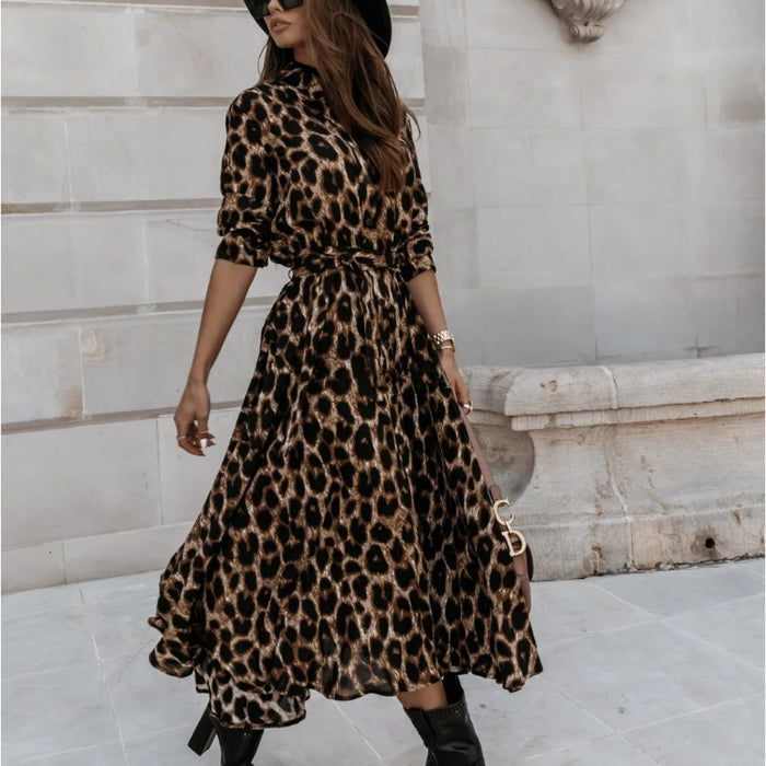 Autumn Winter Long Sleeve V-neck Fashion Leopard Print Dress Large Swing Dress