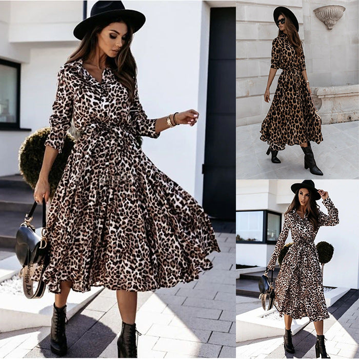 Autumn Winter Long Sleeve V-neck Fashion Leopard Print Dress Large Swing Dress