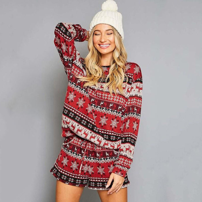 Autumn Women Clothing Printed Long Sleeve Loose Christmas Loungewear Suit