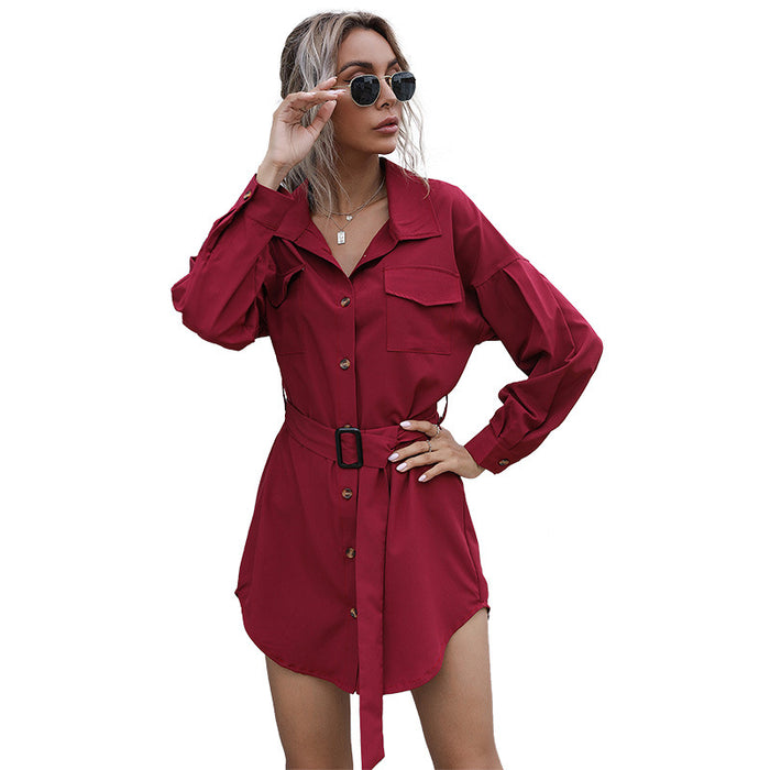 Women  Clothing Autumn  with Belt Solid Color Long Sleeve Cardigan Long Shirt for Women