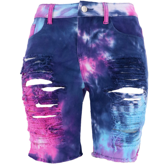 Summer Women Clothing High Waist Tie-Dyed Ripped Denim Pants