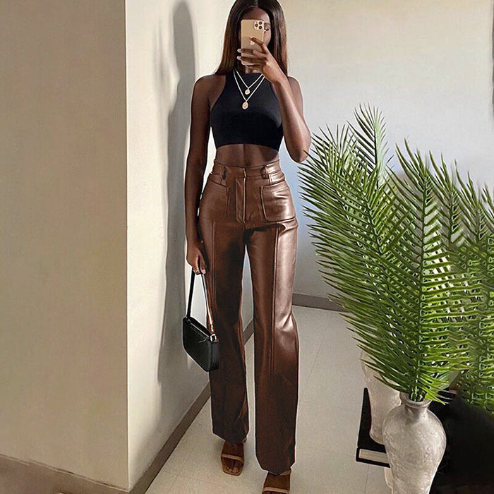 Fashion Design Double Pocket Length Leather Pants Sexy Slim Pocket Faux Leather Pants Women