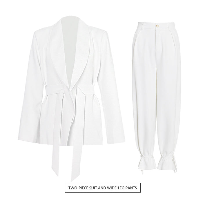 White Suit Women Trendy Office Design Wide-leg Pants Two-piece Set