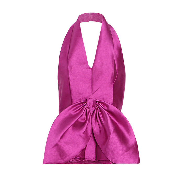 Graceful Satin V neck Halter Big Bow Sexy Backless Sleeveless Western Top Summer Shirt