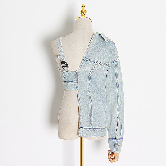 Niche Asymmetric Denim Jacket Fashionable  Elegant Sexy Collared Cropped Outfit Denim Jacket