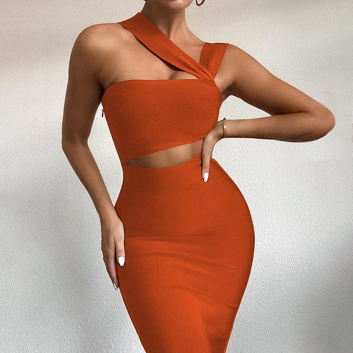 Autumn One-shoulder Tube Top Mid-length Solid Color Party Dress For Women