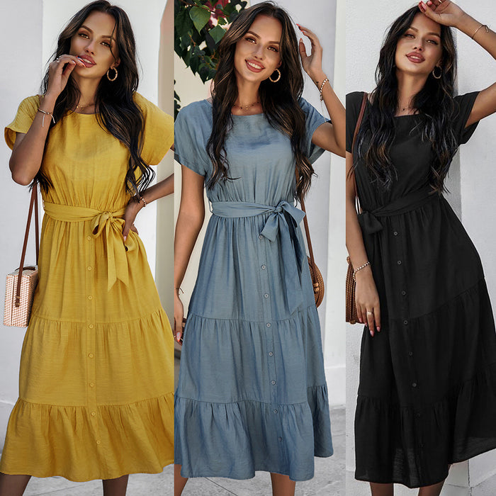 Spring Summer Waist Simple Solid Color Dress Women