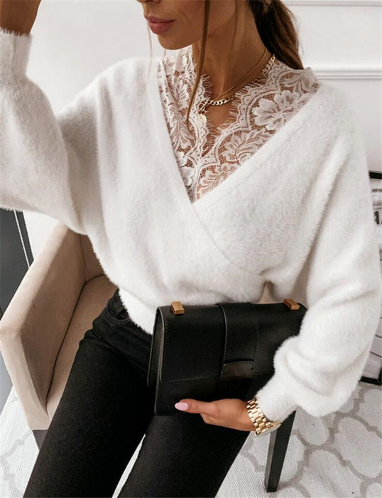 Autumn Winter Sexy Solid Color Lace Strap Flannel Long Sleeved Top