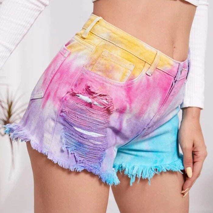 Spring Summer Tie-Dyed Tassel Foot Mouth Loose Hole Women Denim Shorts