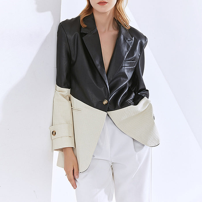 Niche Spring Casual Blazer Collar Contrast Color Loose Stitching Faux Leather Blazer