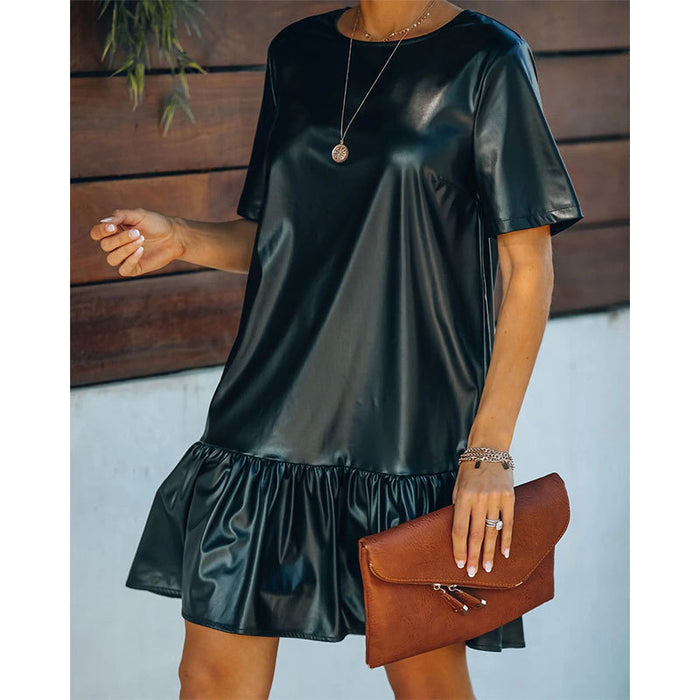 Autumn Winter Office Ruffled Loose Slimming Patent Leather Faux Leather Short Sleeve Dress