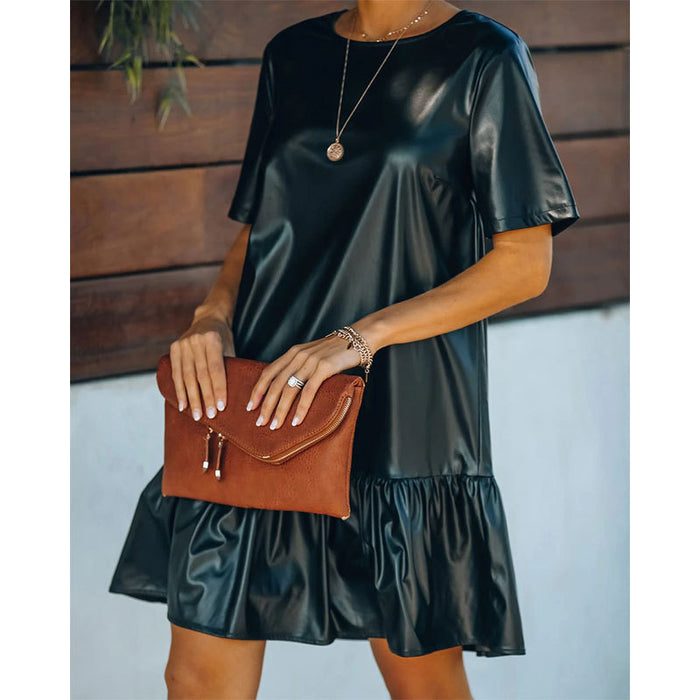 Autumn Winter Office Ruffled Loose Slimming Patent Leather Faux Leather Short Sleeve Dress