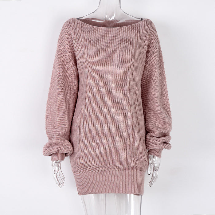 Autumn Winter  Long Sleeve off Shoulder Casual Loose Knitted Sweater Dress Women Clothing