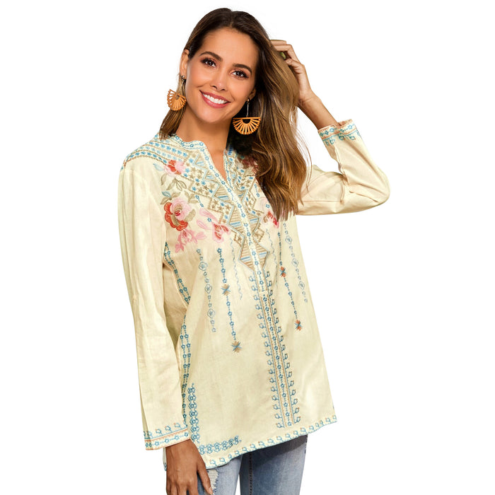 Spring Women Long-Sleeved Shirt Embroidered  Overseas Mid-Length Stand Collar Shirt