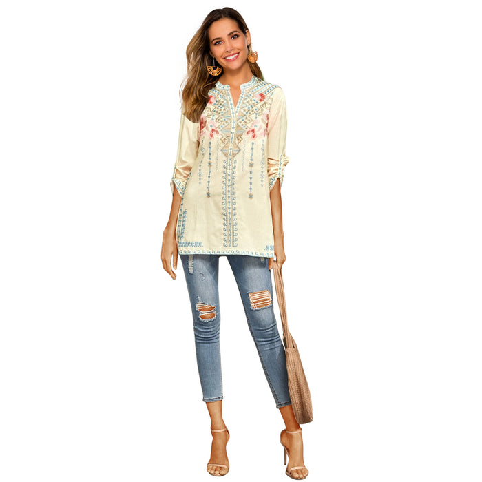 Spring Women Long-Sleeved Shirt Embroidered  Overseas Mid-Length Stand Collar Shirt