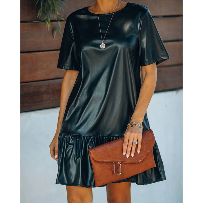 Autumn Winter Office Ruffled Loose Slimming Patent Leather Faux Leather Short Sleeve Dress