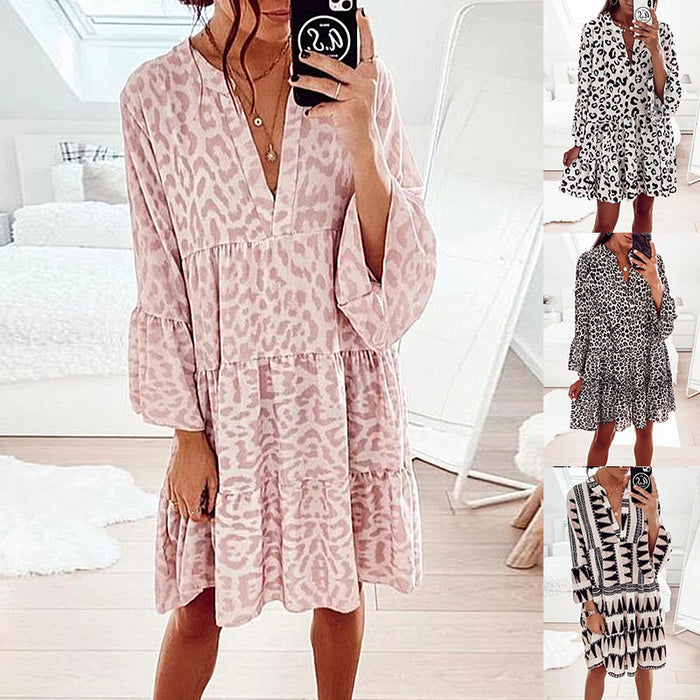 Spring Summer Printed Long Sleeve Loose V-neck Stitching Babydoll Dress for Women