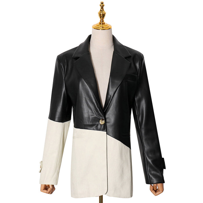 Niche Spring Casual Blazer Collar Contrast Color Loose Stitching Faux Leather Blazer