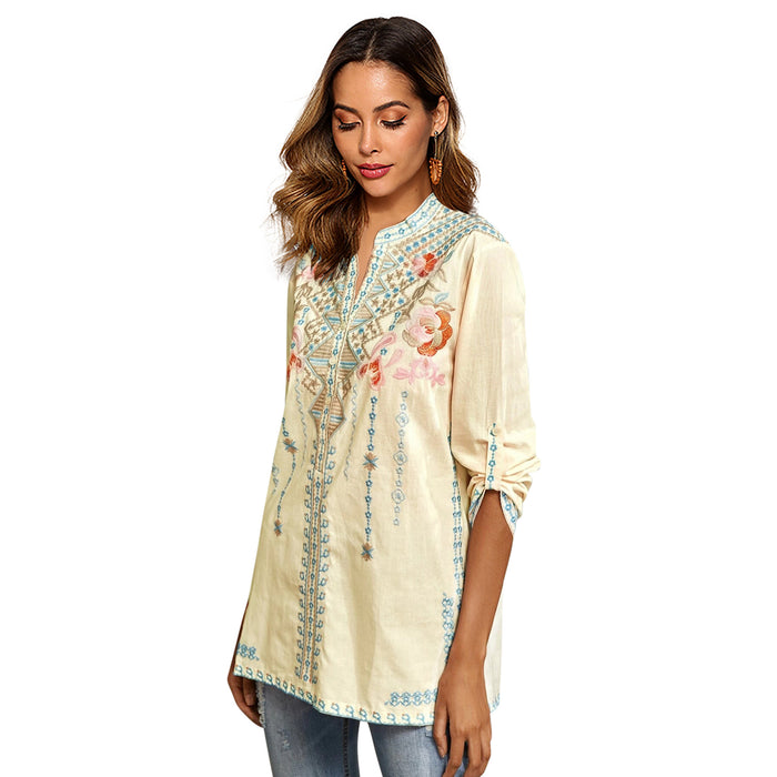 Spring Women Long-Sleeved Shirt Embroidered  Overseas Mid-Length Stand Collar Shirt