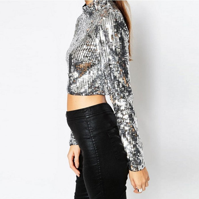 Spring Nightclub Full Sequined Top Sexy Bare Cropped Slim Fit Women Stage Wear