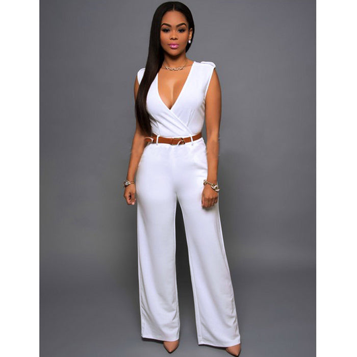 Women Clothing High Waist V neck Wide Leg  Irregular Asymmetric One Piece Pant Belt Jumpsuit