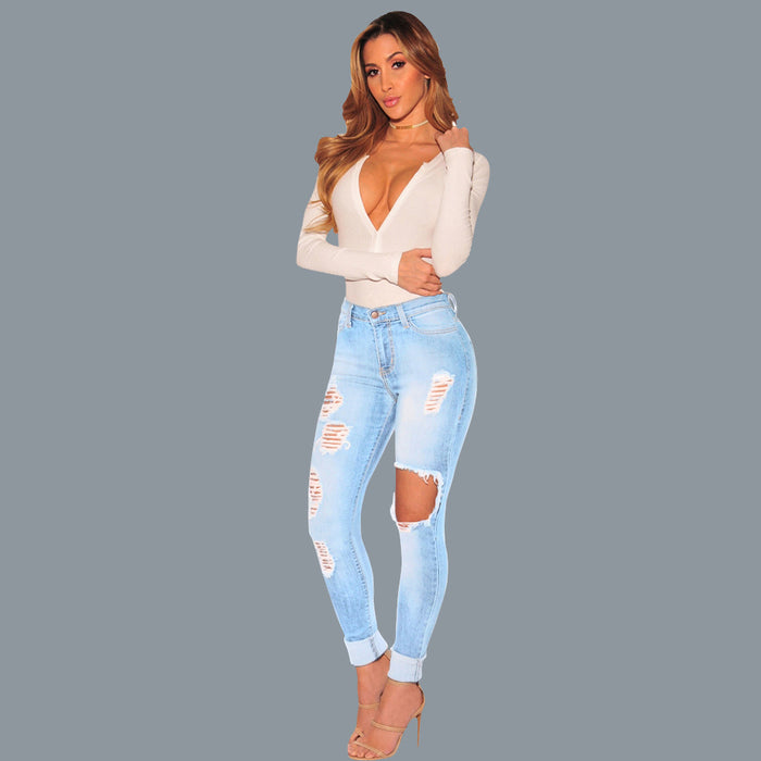 Spring Ripped Slim Women Denim Trousers