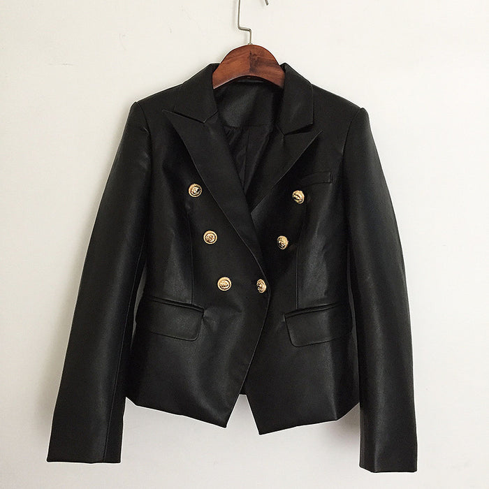 Autumn Winter High-Quality Synthetic Leather Lion Head Metal Buckle Double-Breasted Slim Blazer Leather Coat