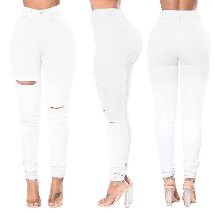 White High-Waist Ripped Jeans plus Size Women Pants