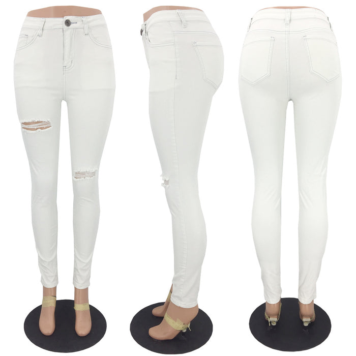 White High-Waist Ripped Jeans plus Size Women Pants