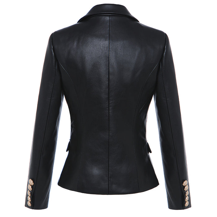 Autumn Winter High-Quality Synthetic Leather Lion Head Metal Buckle Double-Breasted Slim Blazer Leather Coat