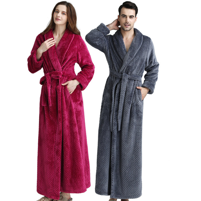 Autumn Winter Bathrobe Lady Couple Waist-Tight Coral Fleece Long Thickened Bathrobe Flannel Nightgown