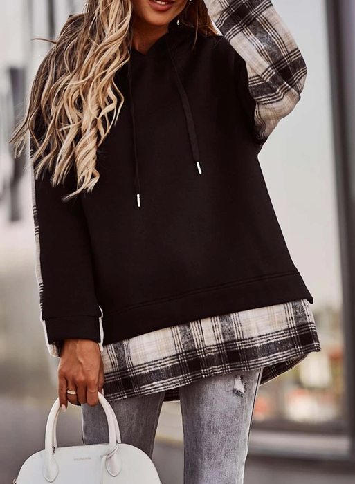 Winter Hipsters Women Clothing Niche Design Plaid Stitching Pullover Long Sleeve round Neck Hooded for Women