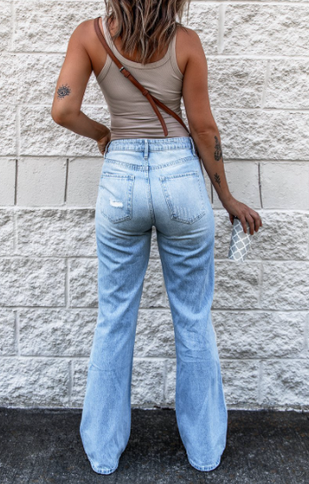 Ripped High Waist Retro Slim Fit Denim Small Bell-Bottom Trousers Bootleg Pants