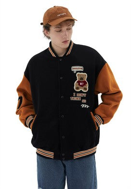 Brushed Jacket Casual Bear Letter Graphic Japanese College Jacket Coat for Men Women Couple Tops Varsity Jacket