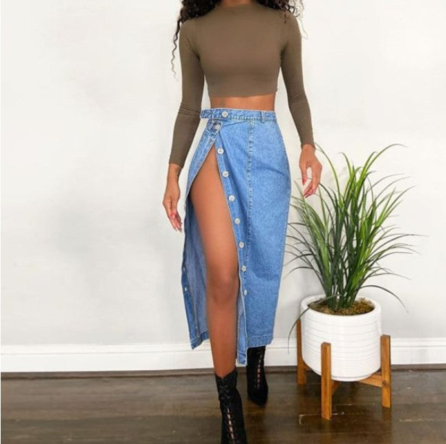 Casual Denim Skirt Slit Sheath Skirt