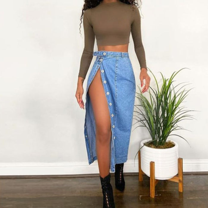 Casual Denim Skirt Slit Sheath Skirt