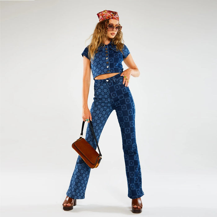 Dark Printing Bootcut Trousers Office Blue High Waist Wide Leg Denim Trousers for Women