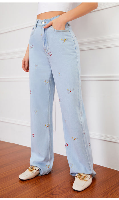 Autumn New Machine Embroidery Jeans Women Slim-Fit Embroidery Women Autumn Skinny Wide-Leg Pants