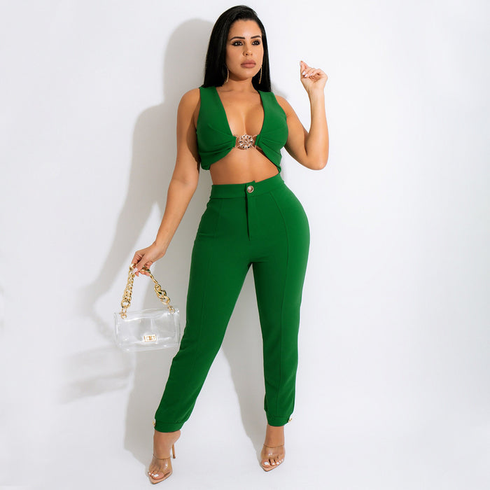 Solid Color Tight Sleeveless Knitted Two-Piece Vest Pants Suit for Women